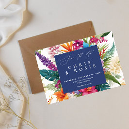 Invitación a la boda moderna de otoño tropical y c