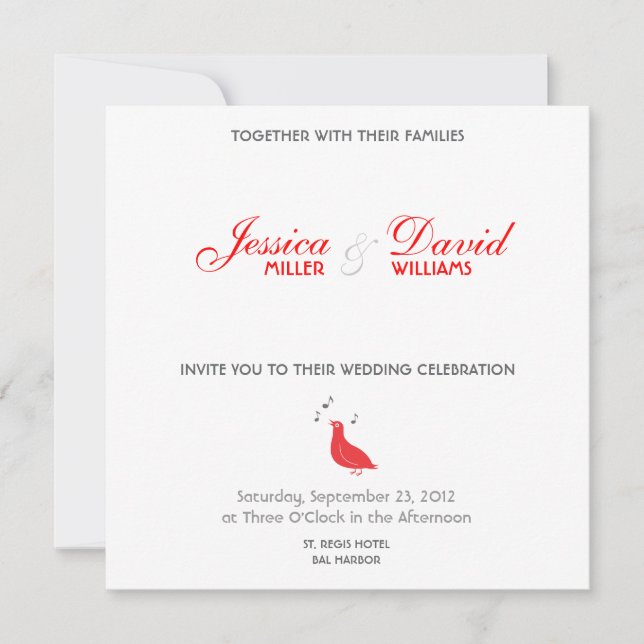 Invitación a la boda moderna de Red Songbird (Anverso)
