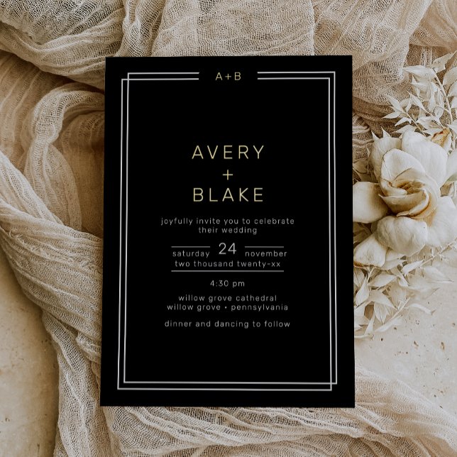 Invitación a la boda moderna de Relieve metalizado (Modern Black Gold Foil Wedding Invitation / AVERY Foil Invitation)