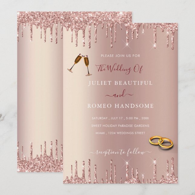 Invitación a la boda moderna de Rosa Gold Rubor Dr (Anverso / Reverso)