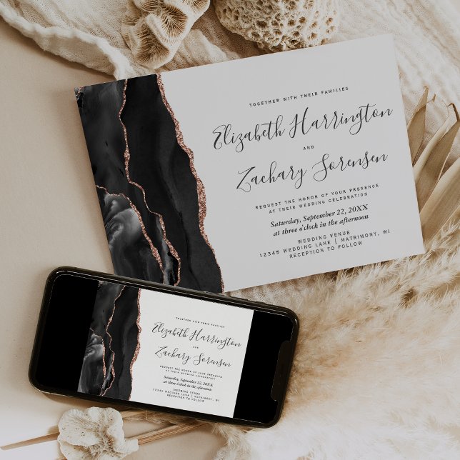 Invitación a la boda moderna de Rosa negro con oro (Subido por el creador)