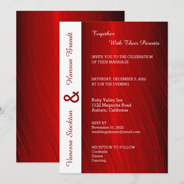 Invitación a la boda moderna de satén rojo (Anverso / Reverso)