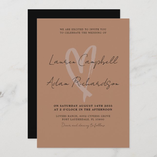 Invitación a la boda moderna de terracota y corazó (Anverso / Reverso)