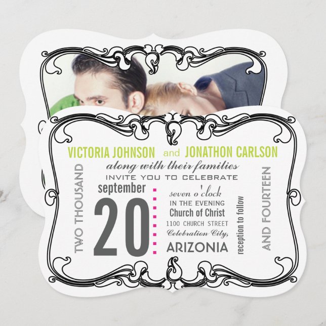 Invitación a la boda moderna de tu foto Art Deco (Anverso / Reverso)