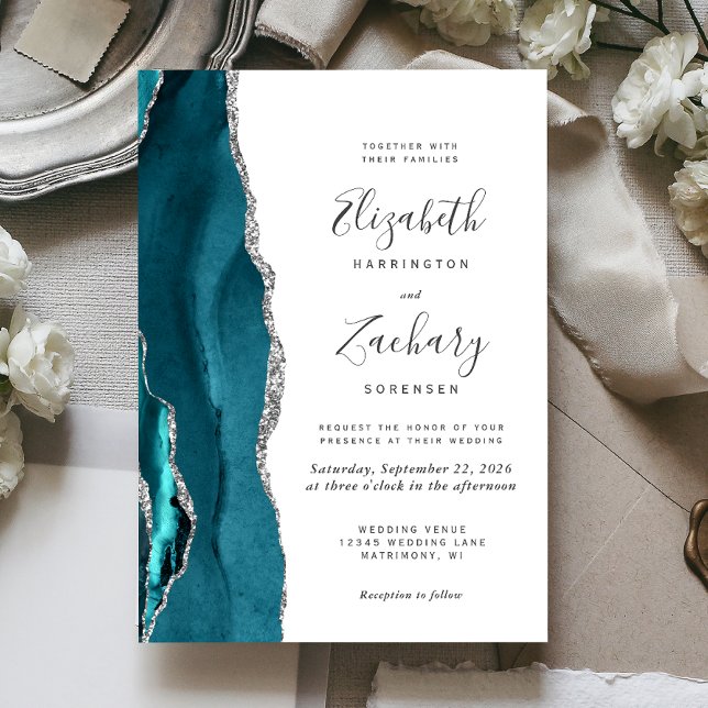 Invitación a la boda moderna de un regato de plata (The perfect choice for a teal and silver themed wedding.)