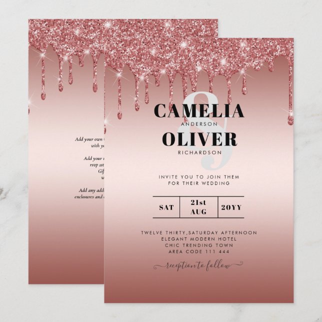 Invitación a la boda moderna del Purpurina Rosa Go (Anverso / Reverso)