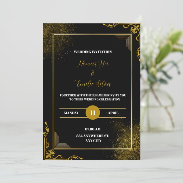 Invitación a la boda moderna elegante de oro negro (Anverso de pie)