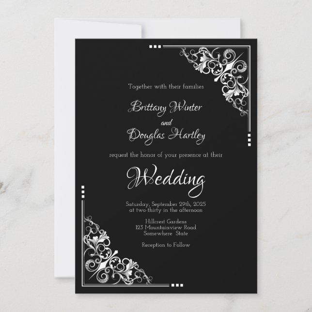 Invitación a la boda moderna en blanco y negro (Anverso)