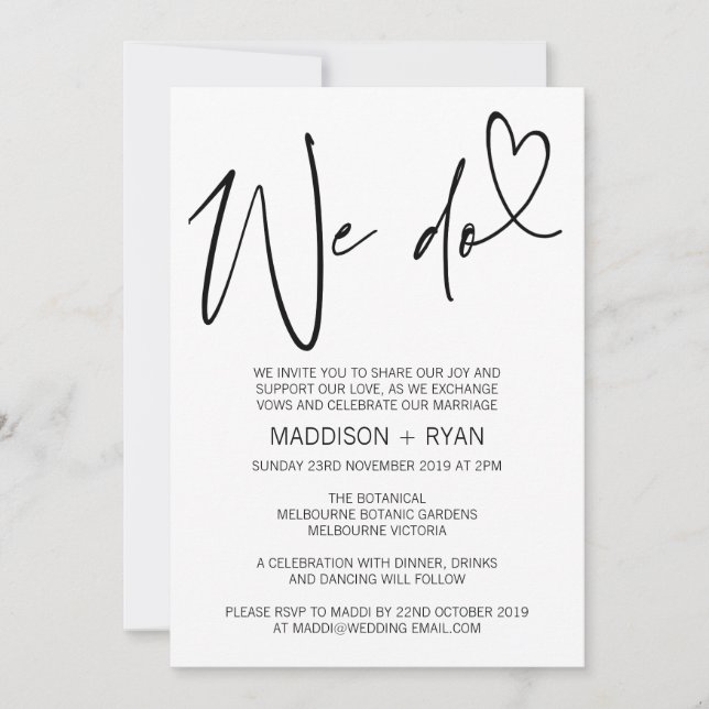 Invitación a la boda moderna en blanco y negro (Anverso)