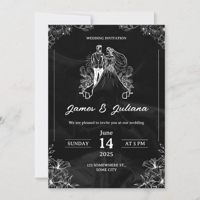 Invitación a la boda moderna en blanco y negro (Anverso)