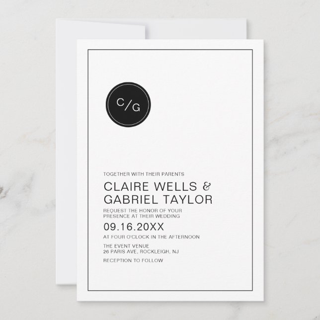 Invitación a la boda moderna en blanco y negro (Anverso)