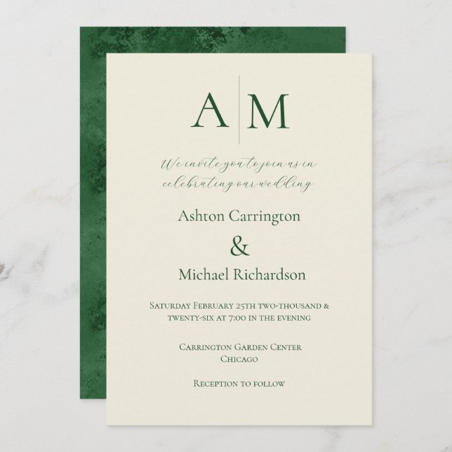 Invitación a la boda moderna en un monograma verde (Anverso / Reverso)