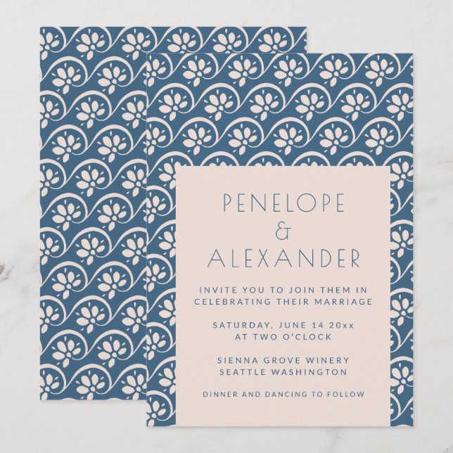 Invitación a la boda moderna escandinava floral az (Anverso / Reverso)