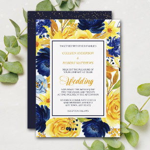 Invitación a la boda moderna floral azul de la Mar