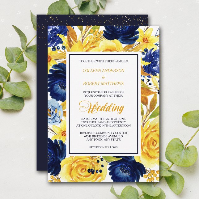 Invitación a la boda moderna floral azul de la Mar (Subido por el creador)