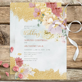 Invitación a la boda moderna floral con dorado