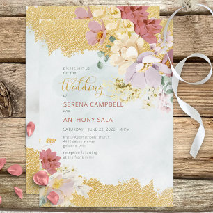 Invitación a la boda moderna floral con dorado