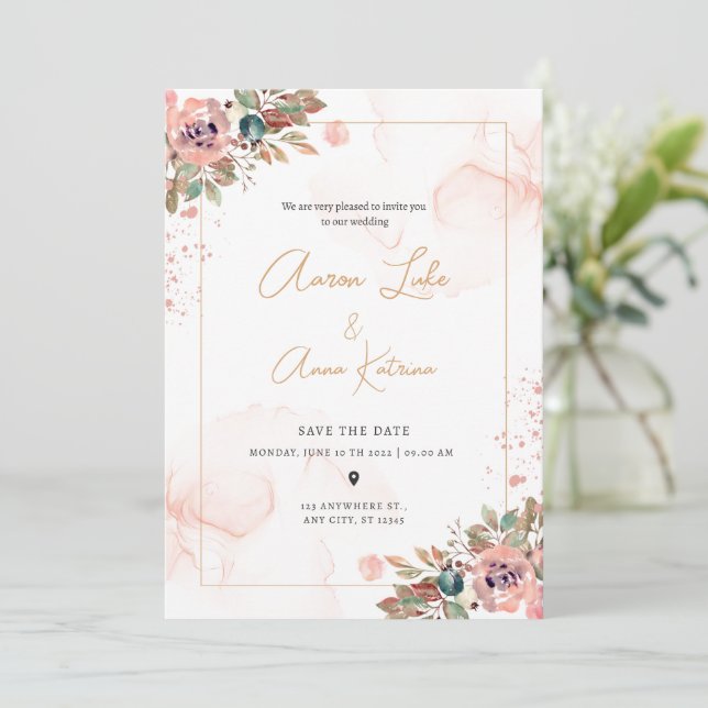 Invitación a la Boda Moderna Floral Peach (Anverso de pie)