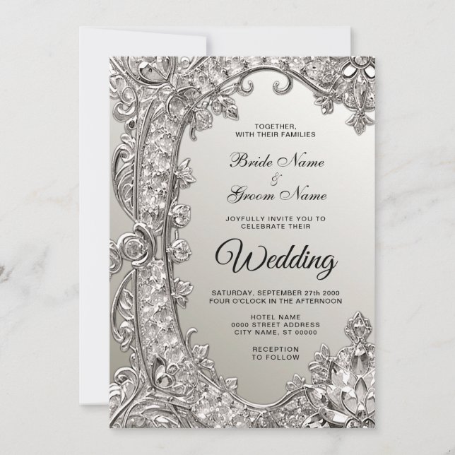 Invitación a la boda moderna Ornate Silver (Anverso)