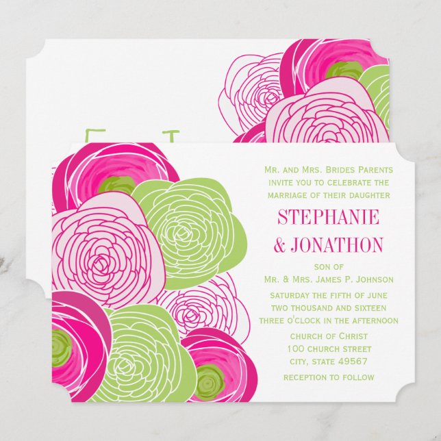 Invitación a la boda moderna Ranunculus Rosa Lime  (Anverso / Reverso)
