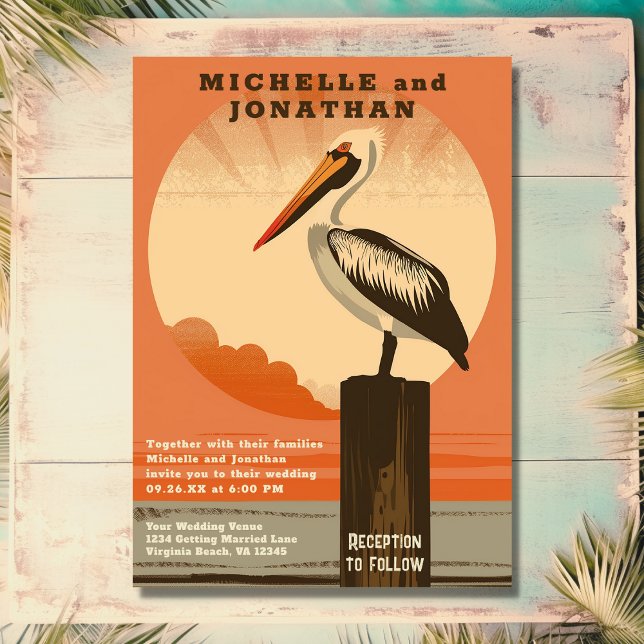 Invitación a la boda moderna retro Pelican Beach W (Front - Modern Retro Pelican Beach Wedding Invitation)