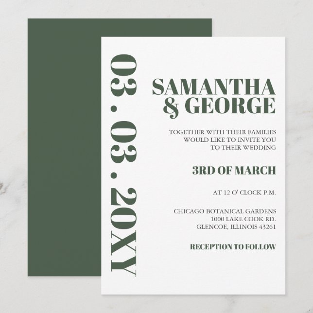 Invitación a la boda moderna verde Minimalista sim (Anverso / Reverso)