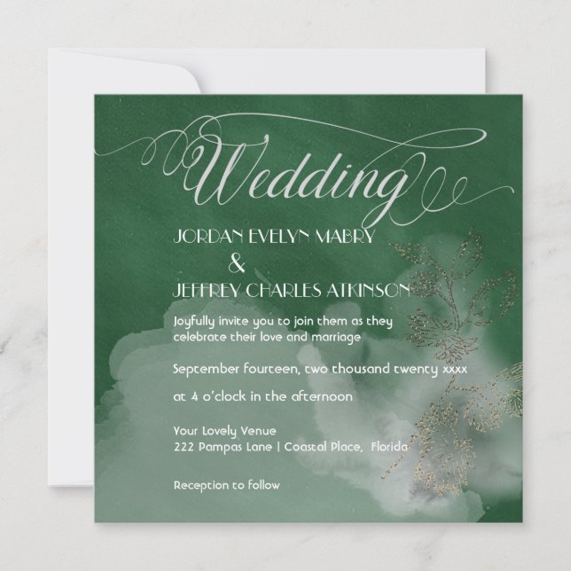 Invitación a la boda moderna verde y atmosférica (Anverso)