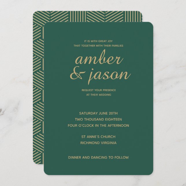 Invitación a la boda moderna verde y dorada (Anverso / Reverso)