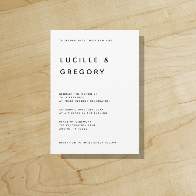 Invitación a la boda moderna y amigable con el pre ("Everyday is abundantly beautiful." 
Sincerely Best Wishes from Lucky Design World)