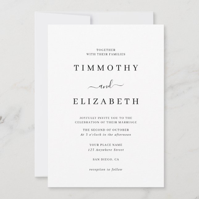 Invitación a la boda moderna y blanca negra (Anverso)