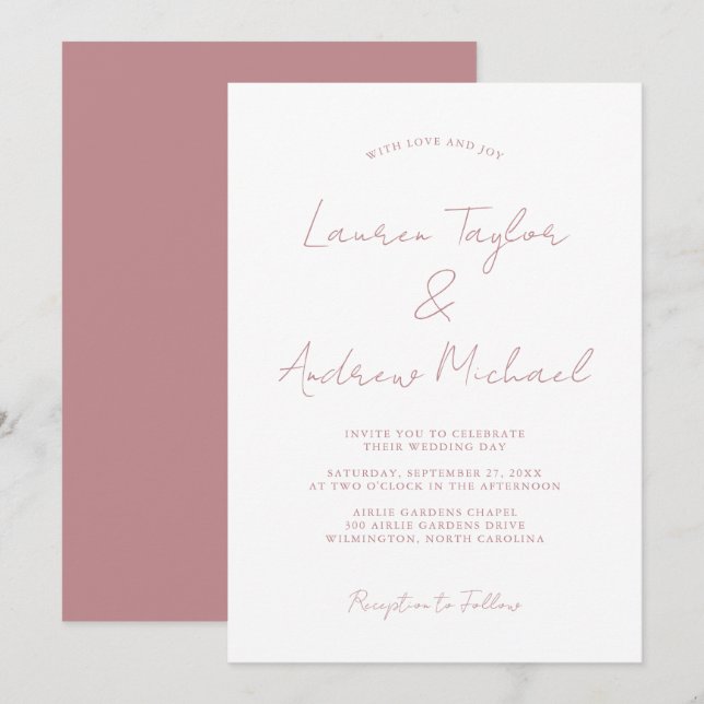 Invitación a la boda moderna y romántica Rosa Dust (Anverso / Reverso)