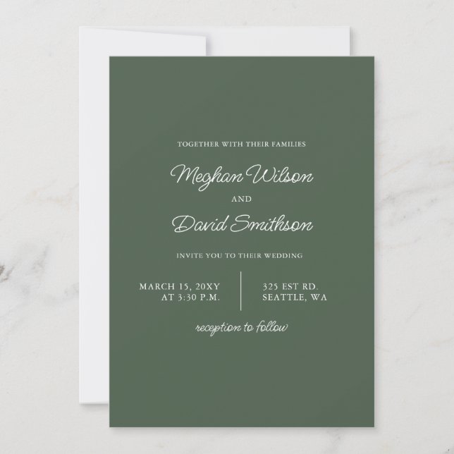 Invitación a la boda moderna y sencilla verde (Anverso)