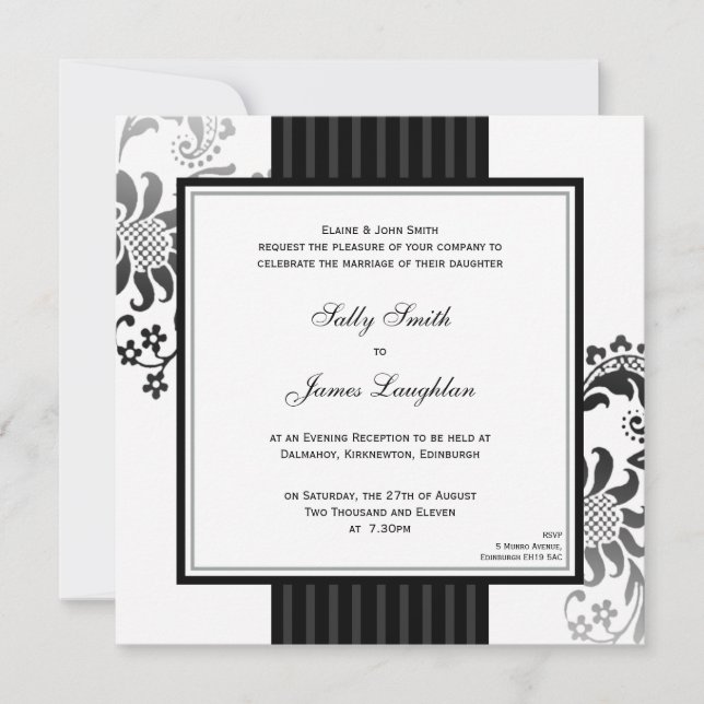 Invitación a la boda monocromática en blanco y neg (Anverso)