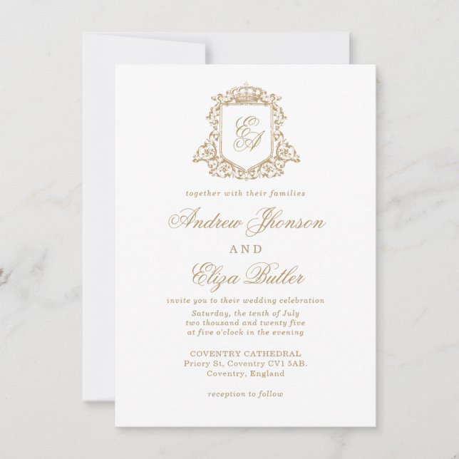 Invitación a la boda monográfica clásica de oro re (Anverso)