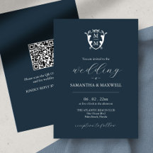Invitación a la boda monográfica con código QR azu