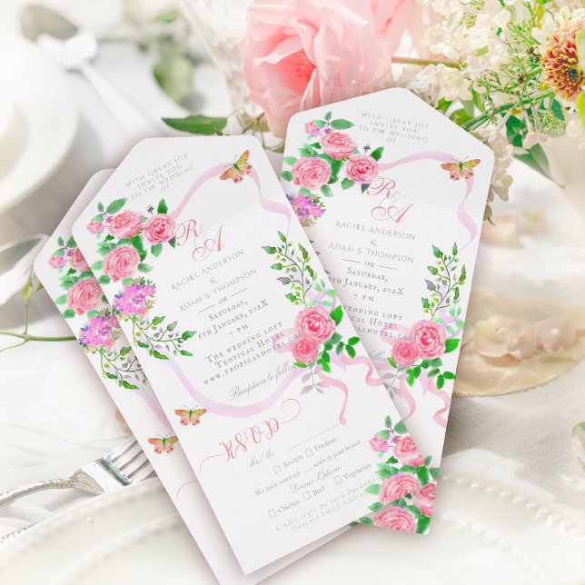 Invitación a la boda monográfica de la cinta rosa  (Elegant Pink Rose Ribbon Monogram Invitation Card.)