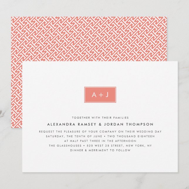 Invitación a la boda monográfica moderna | Coral (Anverso / Reverso)