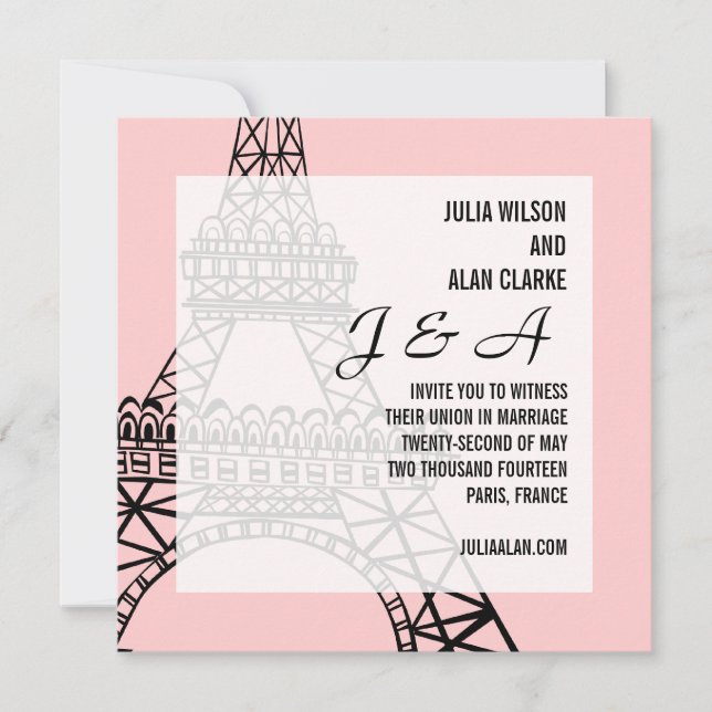 Invitación a la boda monográfica París rosa (Anverso)