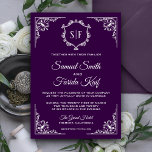 Invitación a la boda monográfica Royal Purple Orna<br><div class="desc">Sorprenda a sus invitados con esta invitación a una boda de estilo vintage con un elegante borde blanco ornamentado y un hermoso monograma sobre un fondo morado oscuro. Simplemente agregue los detalles de su evento en esta plantilla fácil de usar para convertirla en una invitación única. Esta carta es totalmente...</div>
