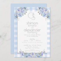 Invitación a la boda | Monograma Blue Gingham Flor