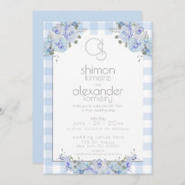 Invitación a la boda | Monograma Blue Gingham Flor