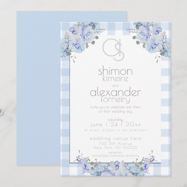 Invitación a la boda | Monograma Blue Gingham Flor (Anverso / Reverso)