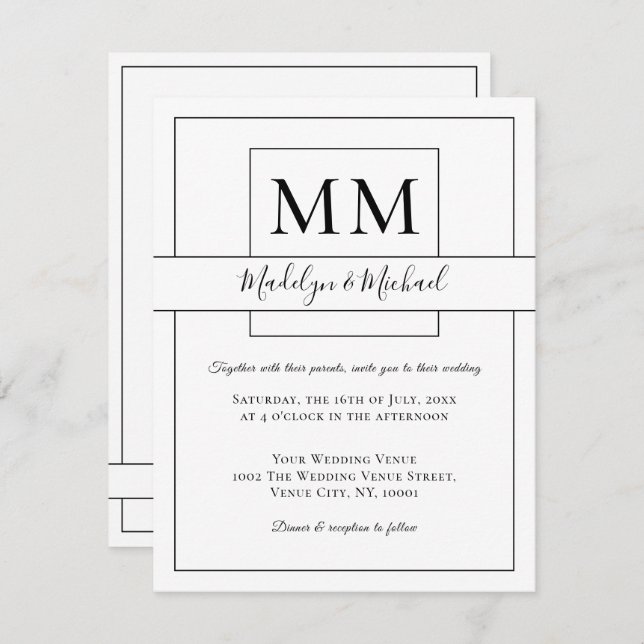 Invitación a la boda monograma con guión blanco si (Anverso / Reverso)