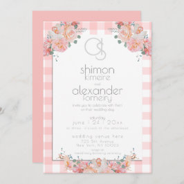 Invitación a la boda | Monograma Coral Gingham Flo