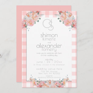 Invitación a la boda   Monograma Coral Gingham Flo