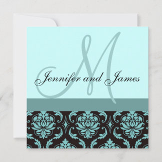 Invitación a la boda Monograma Damasco Azul