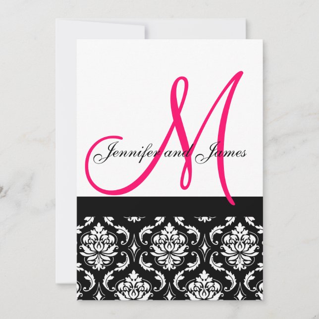 Invitación a la boda Monograma Damasco rosa Negro (Anverso)