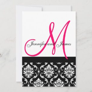 Invitación a la boda Monograma Damasco rosa Negro