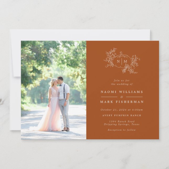 Invitación a la boda monograma de calabazas (Anverso)