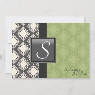 Invitación a la boda - Monograma de Damasco verde